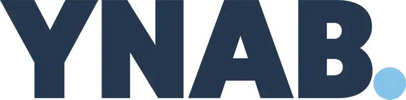 The image shows the YNAB logo with bold, dark blue letters YNAB followed by a blue dot at the end, all on a white background.