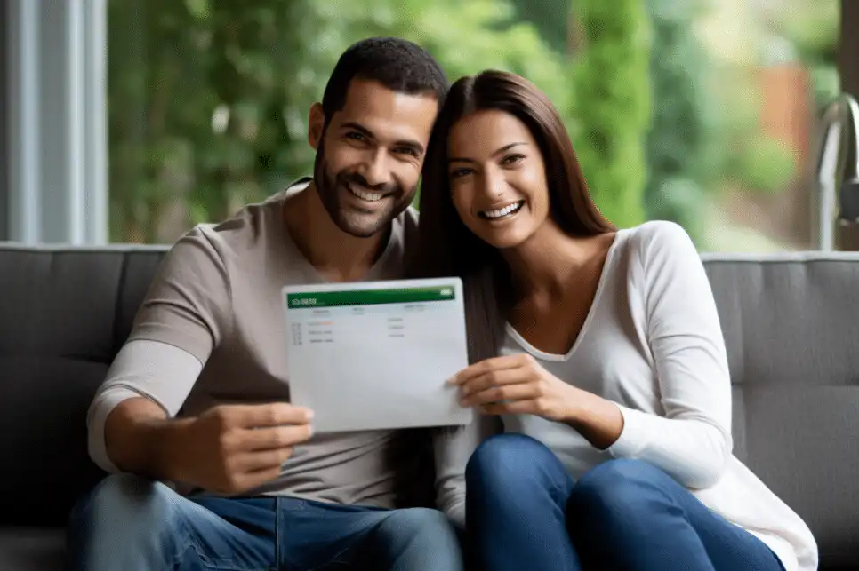 A smiling couple sits on a couch indoors, holding and displaying a document together, appearing happy and relaxed. The background is softly blurred with natural light coming through a window.