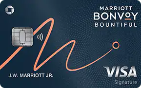 A Marriott Bonvoy Bountiful Visa Signature credit card featuring a metallic chip, an orange swoosh design, and cardholder name J.W. Marriott Jr. on a dark blue background.