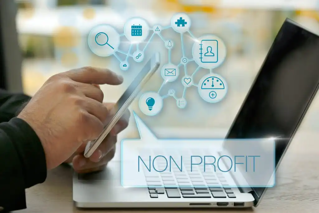 A person uses a smartphone in front of an open laptop. Floating icons and the words “NON PROFIT” appear, representing various nonprofit-related concepts like teamwork, planning, communication, and ideas.